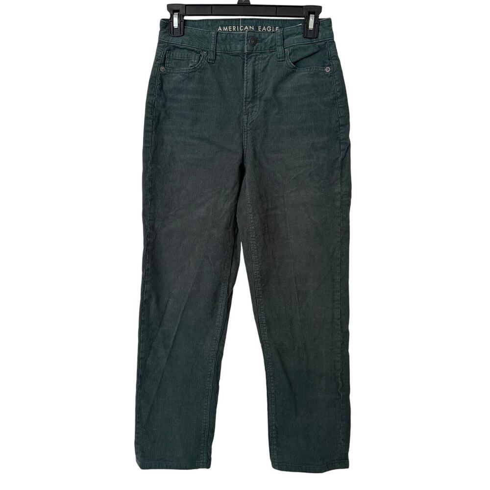 NWOT American Eagle HighRise Corduroy Rib Velvet Dark Green Mom Straight Jeans-0